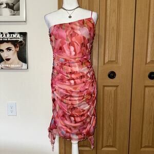 Pretty Garbage One Shoulder Cocktail Dress Womens Large Pink Floral Print Ruched